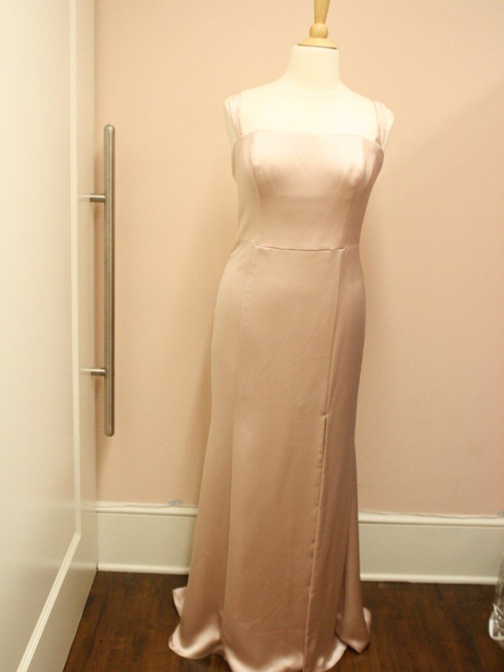 Amsale Alba Floor Length Bridesmaid Dress Fluid Satin Square Neck Side Slit Pink